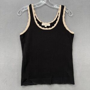 LOFT Black Knit Tank Top Scalloped Trim Beige Sleeveless Women's Size L